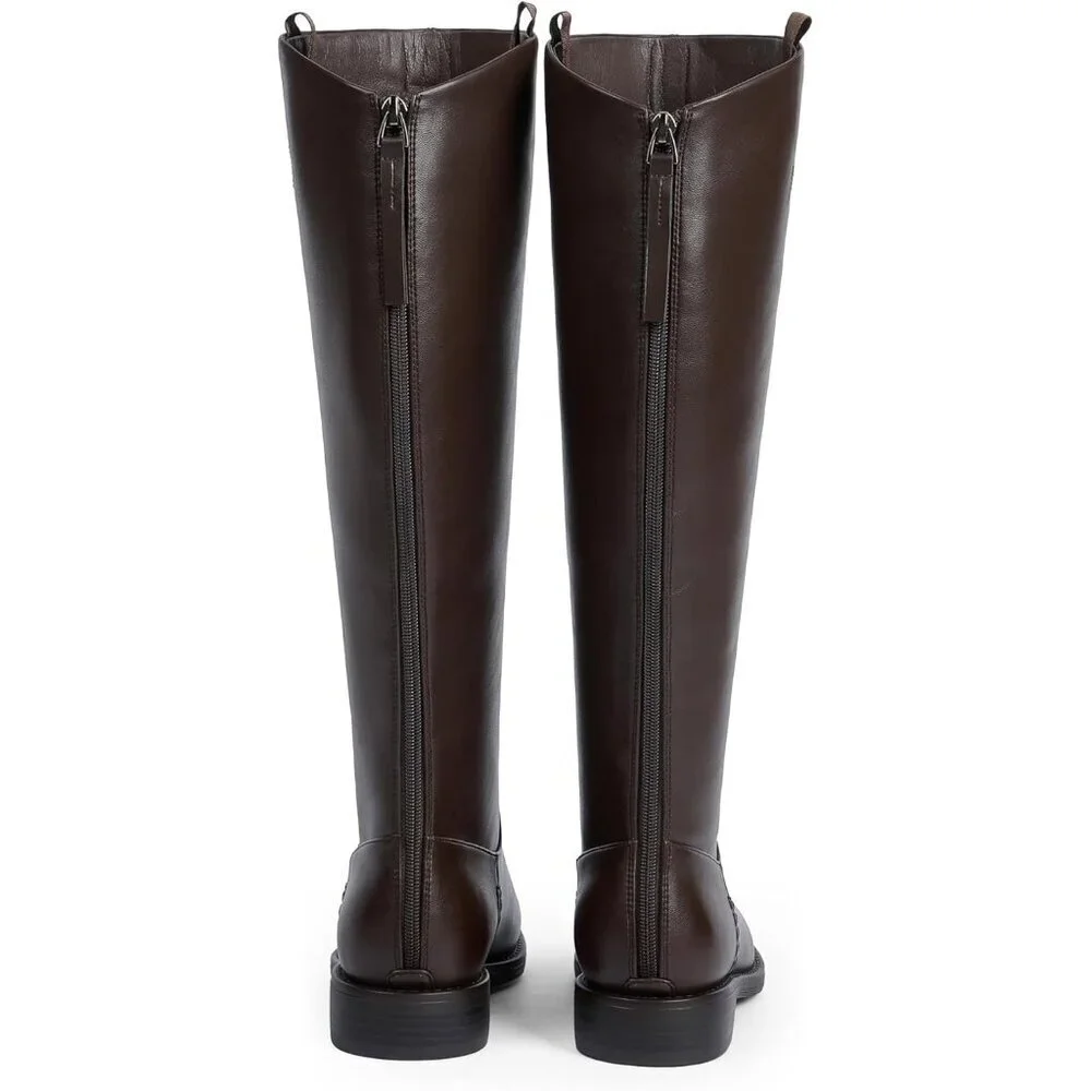 Women's A-chocolate Rounded Toe Flat Low Chunky Zip Heel Knee High Boots
